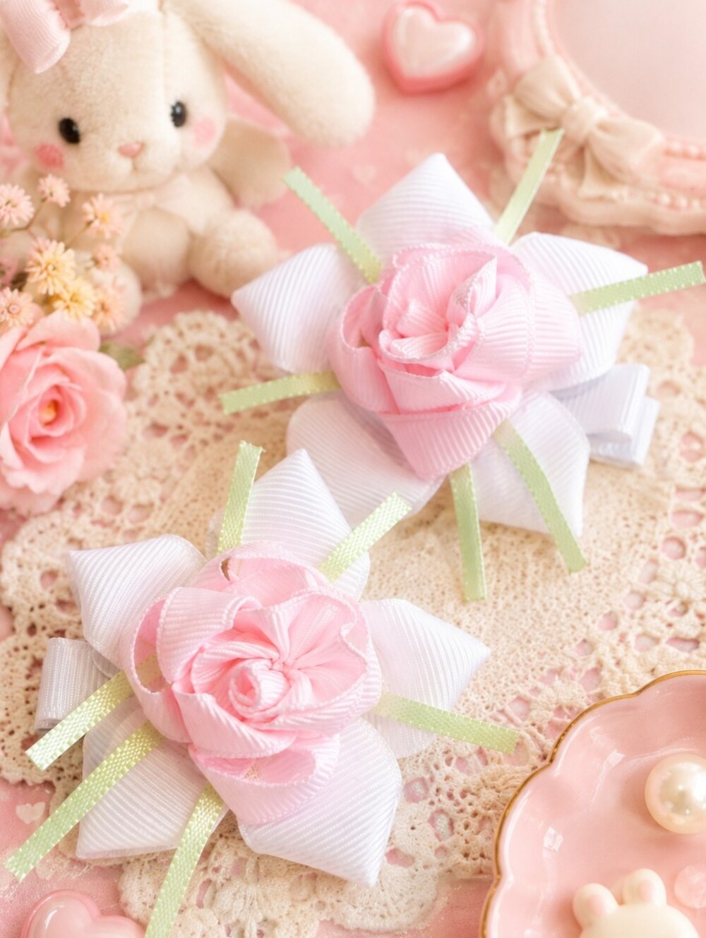 Pink Rose Hair Clips Set of 2 Boutique Flower Girl Hair Bows - Picture 2 of 6